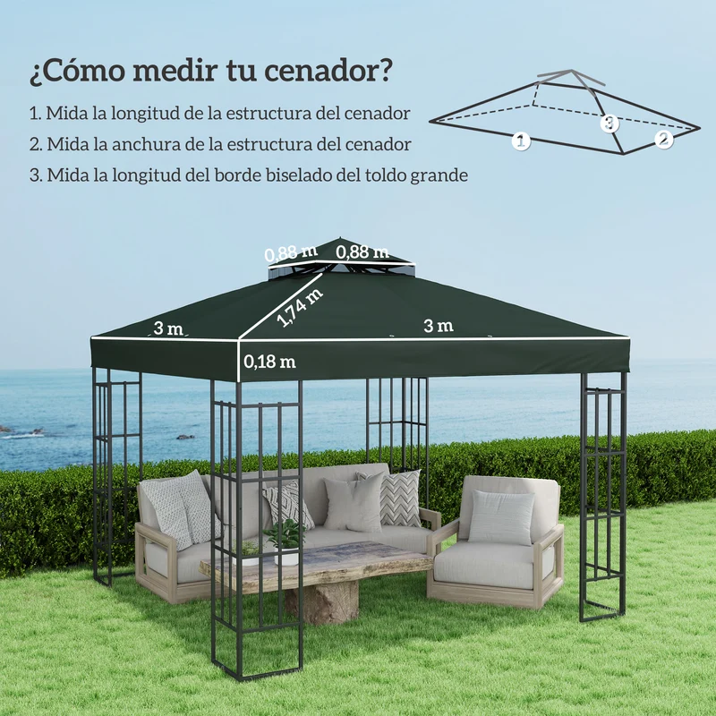Outsunny Techo de Repuesto para Cenador 3x3 m Cubierta de Repuesto 370g/㎡ con Techo Doble con Mosquitera Protección UV 30+ Toldo de Recambio para Pabellón Gazebo Verde