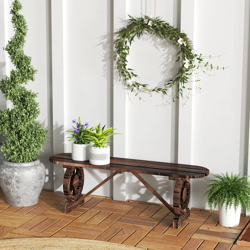Outsunny Banco de Jardín de 2 Plazas Banco de Madera con 2 Ruedas Decorativas Estilo Rústico Carga 200 kg para Patio Terraza 120x29x39 cm Carbonizado