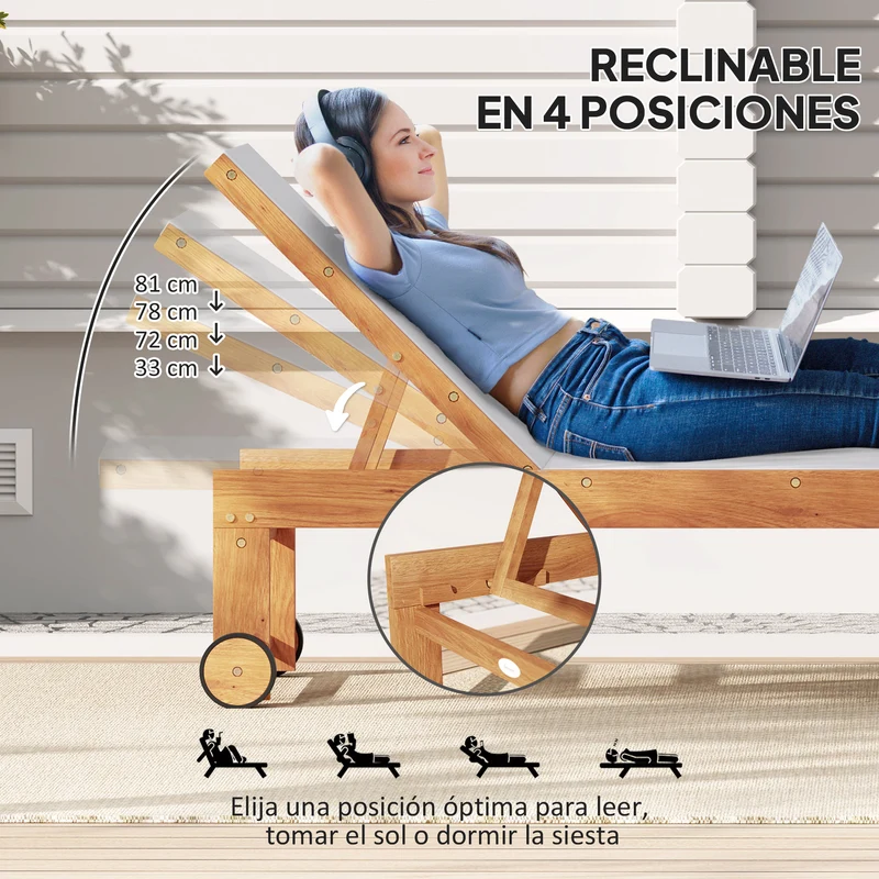Outsunny Tumbona de Madera de Acacia con Respaldo Ajustable en 4 Niveles Tumbona de Jardín Exterior con Ruedas Carga 160 kg Tumbona para Patio Terraza Balcón Teca y Gris Claro