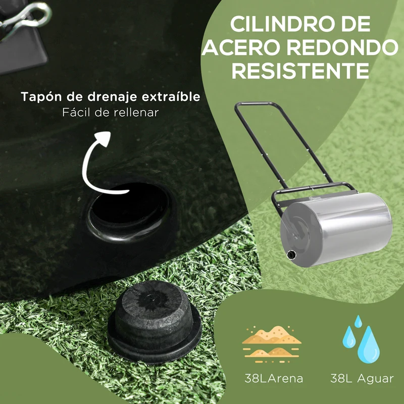 Outsunny Rodillo para Césped Ancho 58cm Ø32cm Rodillo de Césped de 38L Relleno de Arena o Agua con Mango en U para Jardín Granja Negro
