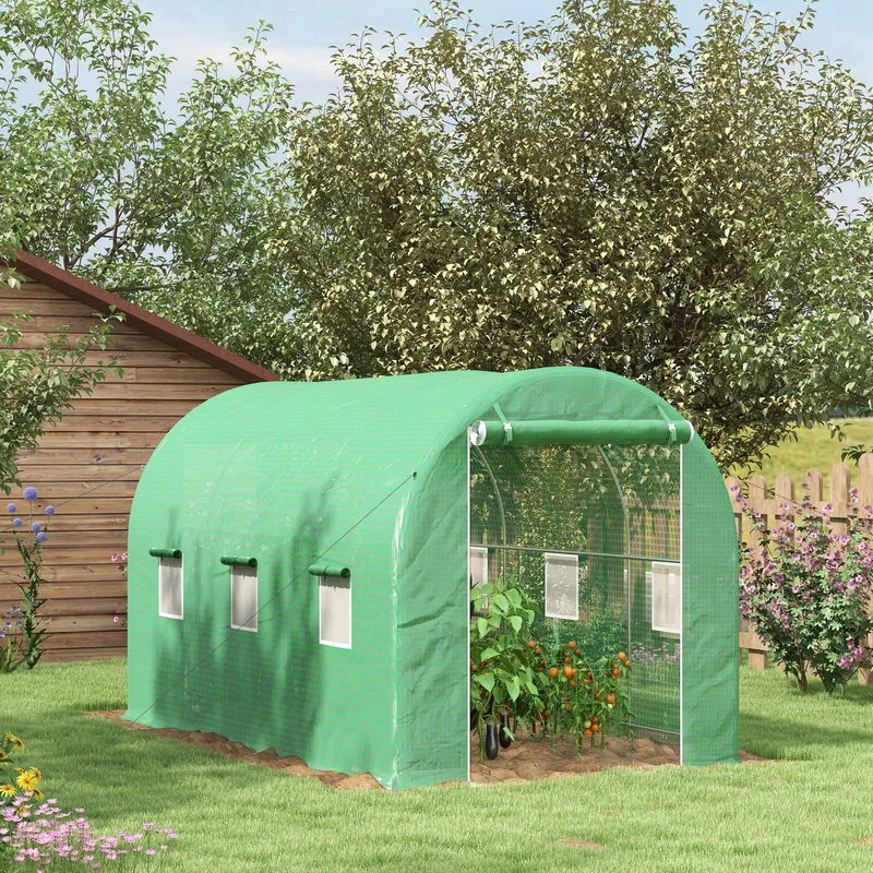 Outsunny Invernadero de Túnel 400x200x205 cm Invernadero de Jardín con 2 Puertas Enrollables y 6 Ventanas Cubierta PE 140 g/m² Marco de Metal para Cultivo Plantas Verduras Verde