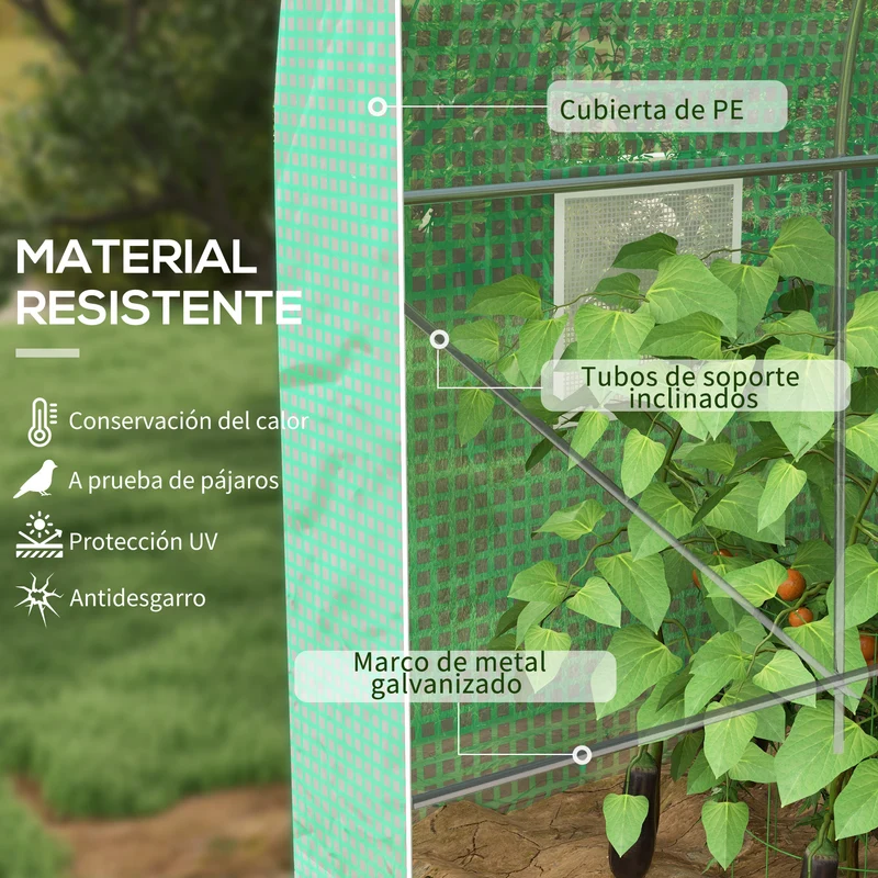Outsunny Invernadero de Túnel 400x200x205 cm Invernadero de Jardín con 2 Puertas Enrollables y 6 Ventanas Cubierta PE 140 g/m² Marco de Metal para Cultivo Plantas Verduras Verde