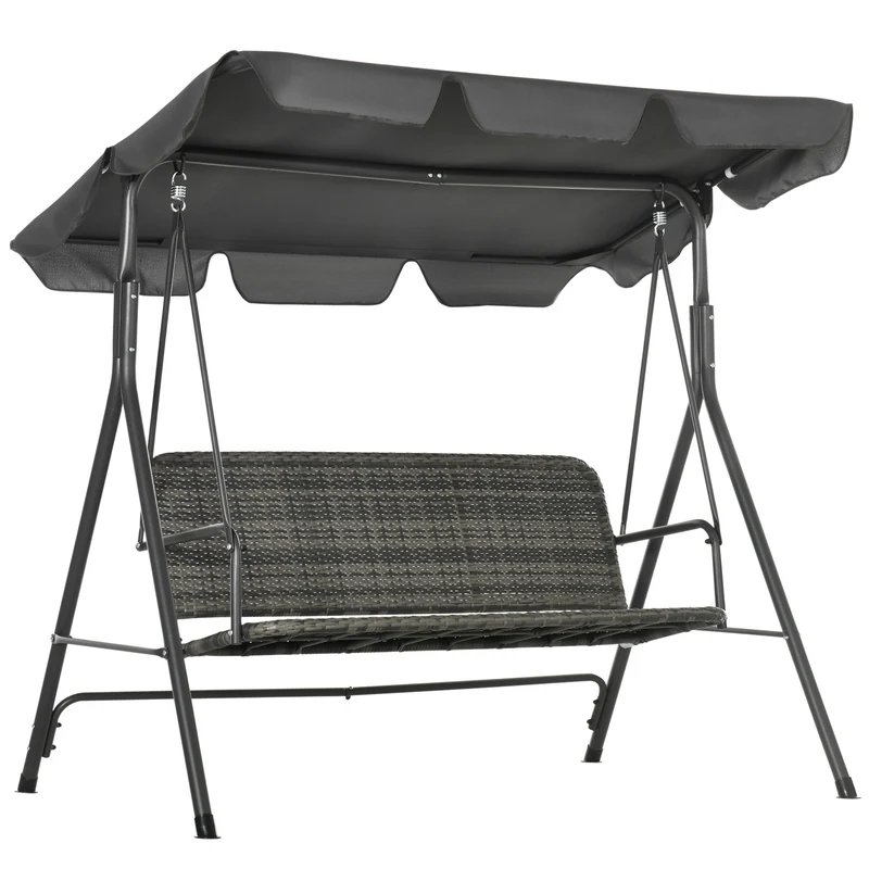 Outsunny Columpio de Jardín Exterior de 3 Plazas Balancín de Jardín Exterior con Toldo Ajustable Asiento de Ratán PE y Reposabrazos para Balcón Terraza Patio Carga 240 kg 167x112x153 cm Gris