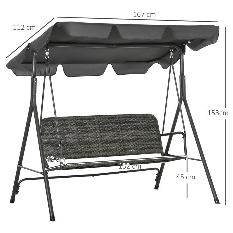 Outsunny Columpio de Jardín Exterior de 3 Plazas Balancín de Jardín Exterior con Toldo Ajustable Asiento de Ratán PE y Reposabrazos para Balcón Terraza Patio Carga 240 kg 167x112x153 cm Gris