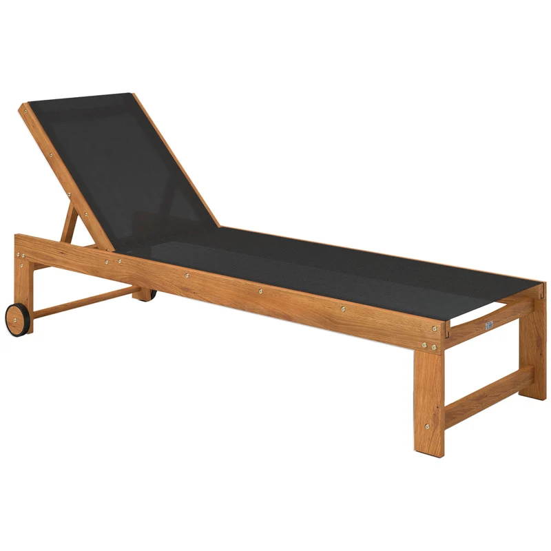 Outsunny Tumbona de Madera de Acacia con Respaldo Ajustable en 4 Niveles Tumbona de Jardín Exterior con Ruedas Carga 160 kg Tumbona para Patio Terraza Balcón Teca y Negro