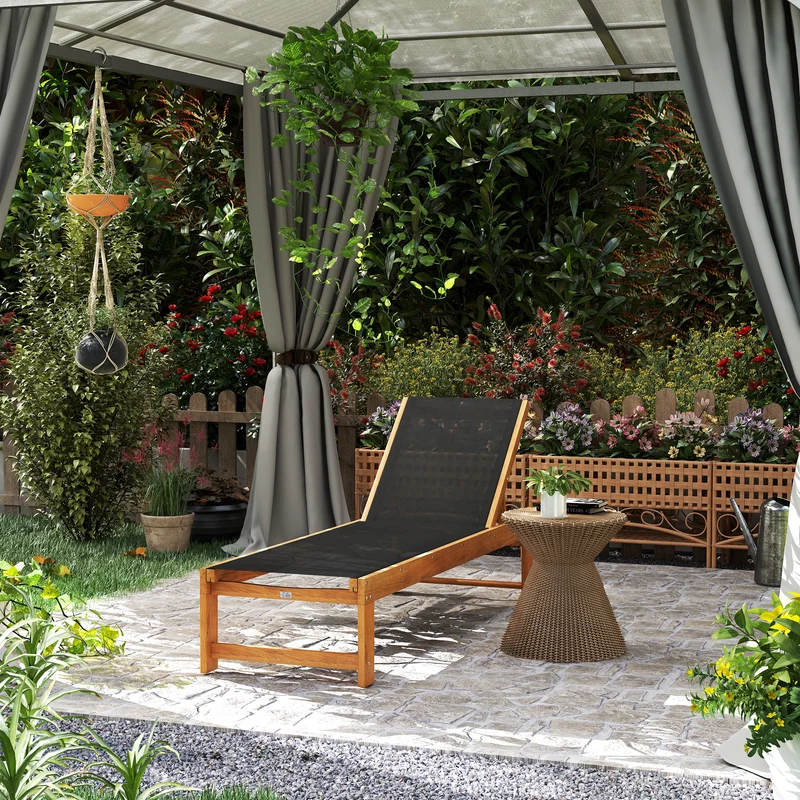 Outsunny Tumbona de Madera de Acacia con Respaldo Ajustable en 4 Niveles Tumbona de Jardín Exterior con Ruedas Carga 160 kg Tumbona para Patio Terraza Balcón Teca y Negro