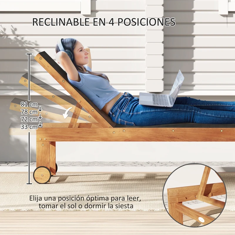 Outsunny Tumbona de Madera de Acacia con Respaldo Ajustable en 4 Niveles Tumbona de Jardín Exterior con Ruedas Carga 160 kg Tumbona para Patio Terraza Balcón Teca y Negro