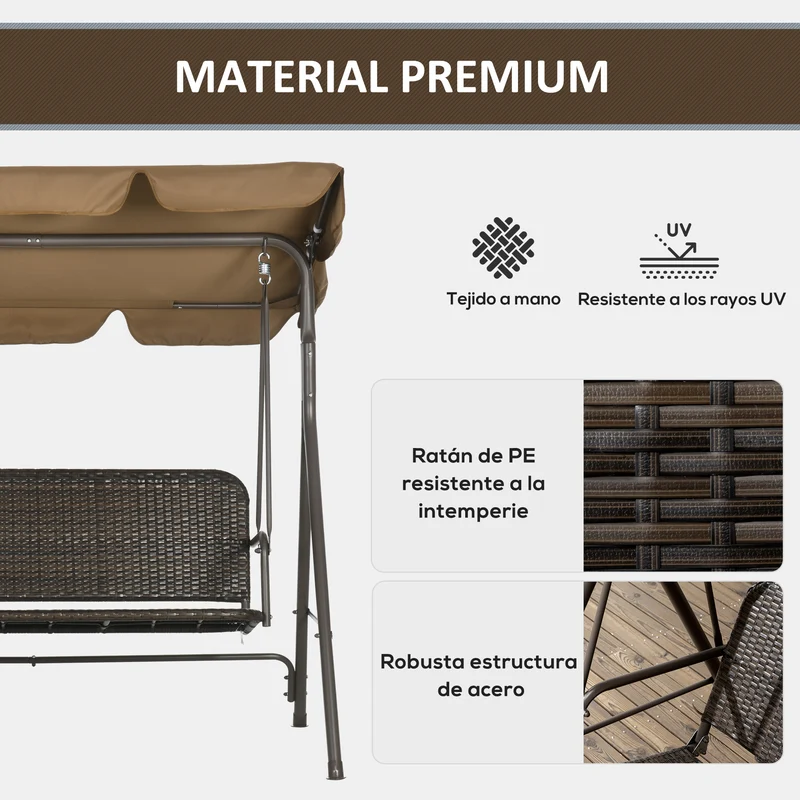 Outsunny Columpio de Jardín Exterior de 3 Plazas Balancín de Jardín Exterior con Toldo Ajustable Asiento de Ratán PE y Reposabrazos para Balcón Terraza Patio Carga 240 kg 167x112x153 cm Marrón