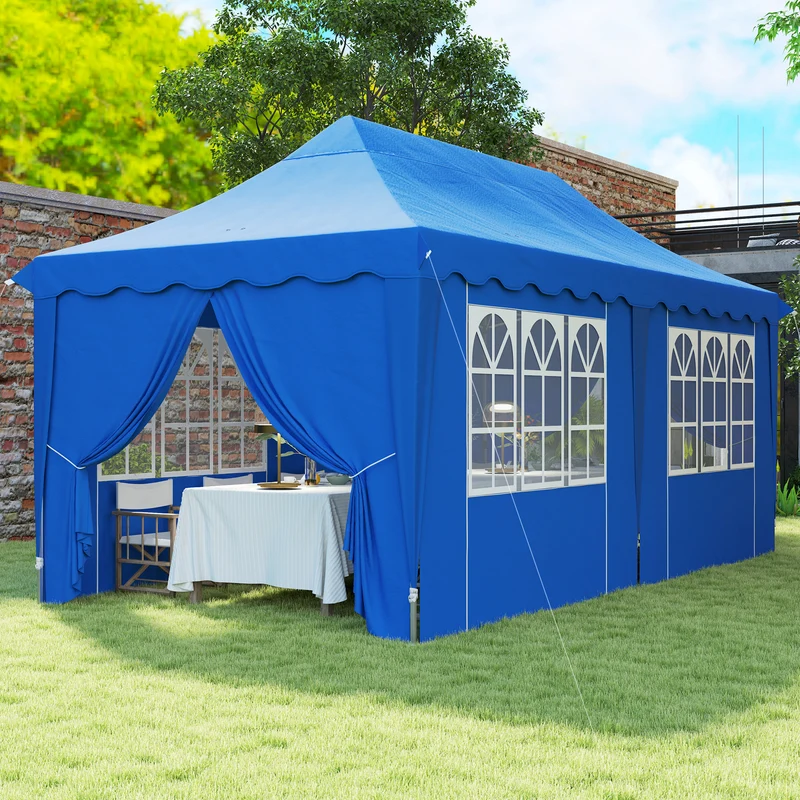 Outsunny Carpa Plegable Pop-up Gazebo 6x3x3,15 m Cenador Plegable con 6 Paredes Laterales Anti-UV Altura Ajustable Bolsa de Arena y Bolsa de Transporte para Camping Fiestas Azul