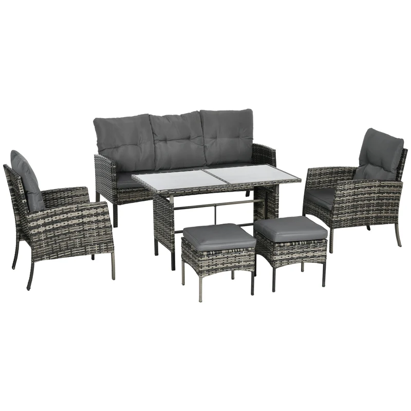 Outsunny Conjunto de Muebles de Jardín Exterior de Ratán Juego de 6 Piezas Muebles de Terraza con Sofá de 3 Plazas Sillones Cojines Taburetes y Mesa de Centro para Patio Gris