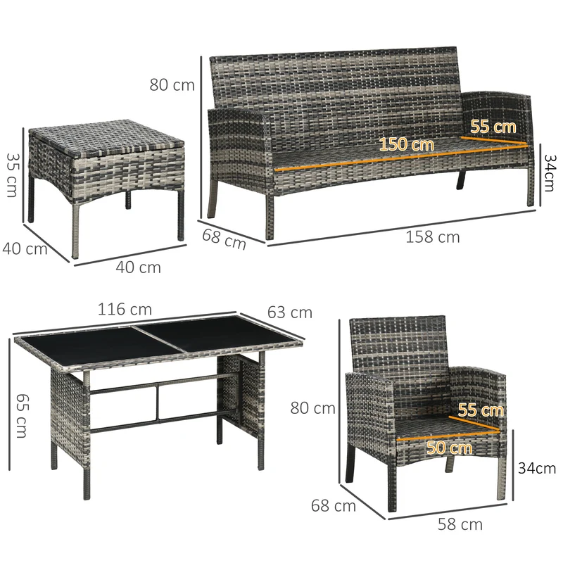 Outsunny Conjunto de Muebles de Jardín Exterior de Ratán Juego de 6 Piezas Muebles de Terraza con Sofá de 3 Plazas Sillones Cojines Taburetes y Mesa de Centro para Patio Gris