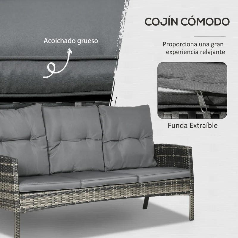 Outsunny Conjunto de Muebles de Jardín Exterior de Ratán Juego de 6 Piezas Muebles de Terraza con Sofá de 3 Plazas Sillones Cojines Taburetes y Mesa de Centro para Patio Gris