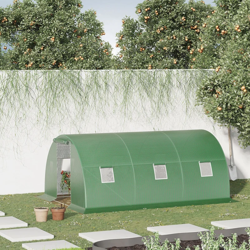 Outsunny Invernadero de Exterior 4,5x3x2 m Invernadero de Túnel con Paredes Laterales Enrollables 6 Ventanas de Malla y Puerta Enrollable con Cremallera Invernadero para Jardín Patio Verde