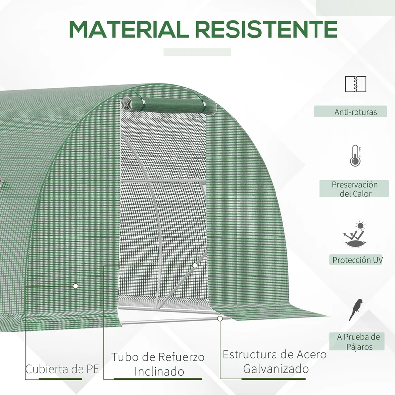 Outsunny Invernadero de Exterior 4,5x3x2 m Invernadero de Túnel con Paredes Laterales Enrollables 6 Ventanas de Malla y Puerta Enrollable con Cremallera Invernadero para Jardín Patio Verde