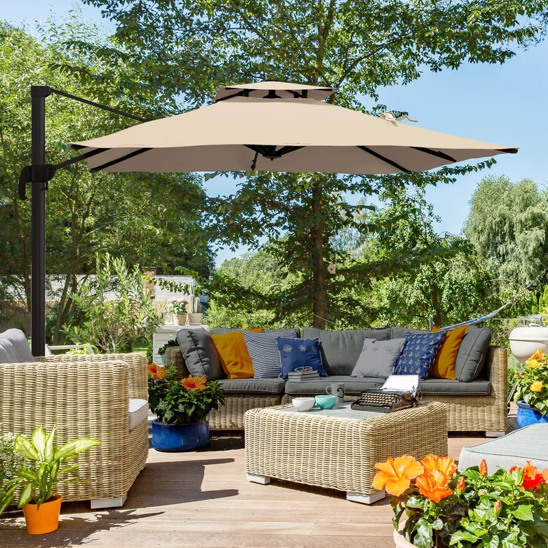 Outsunny Sombrilla De Jardín Inclinable 300x300 Cm Parasol De Aluminio Caqui