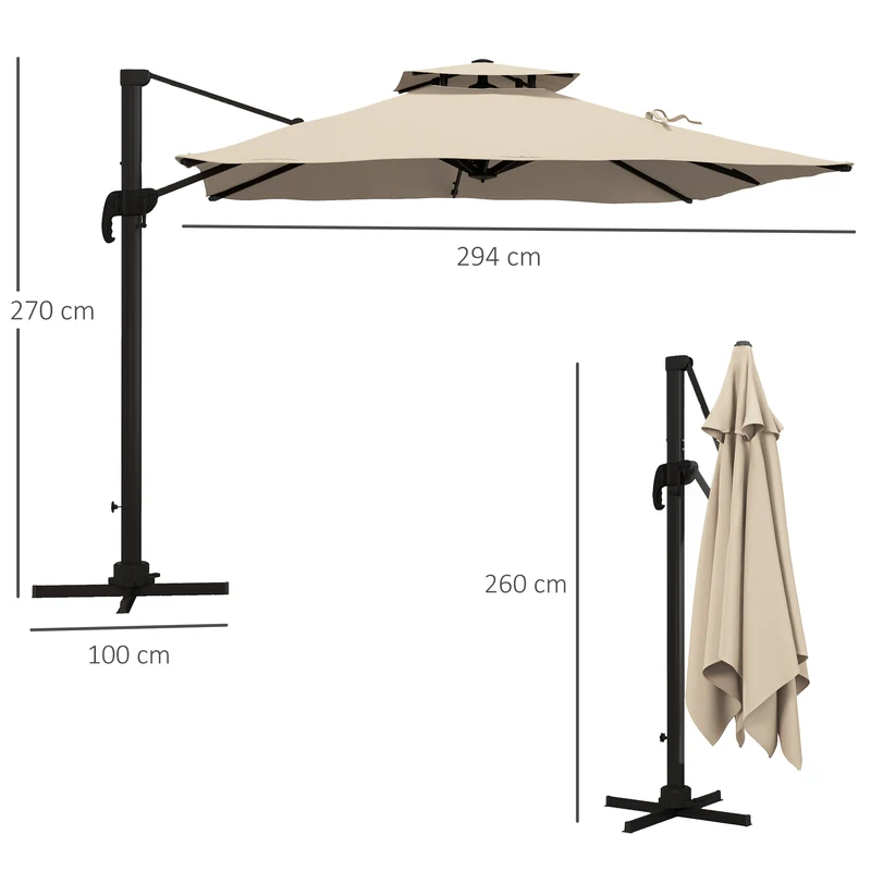 Outsunny Sombrilla De Jardín Inclinable 300x300 Cm Parasol De Aluminio Caqui
