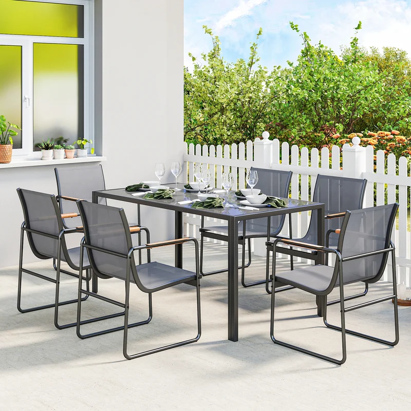 Outsunny Conjunto De Mesa Y Sillas Jardín De 7 Piezas Con Sillas Transpirables