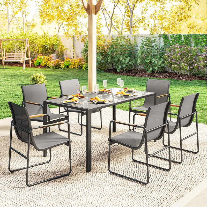 Outsunny Conjunto De Mesa Y Sillas Jardín De 7 Piezas Con Sillas Transpirables