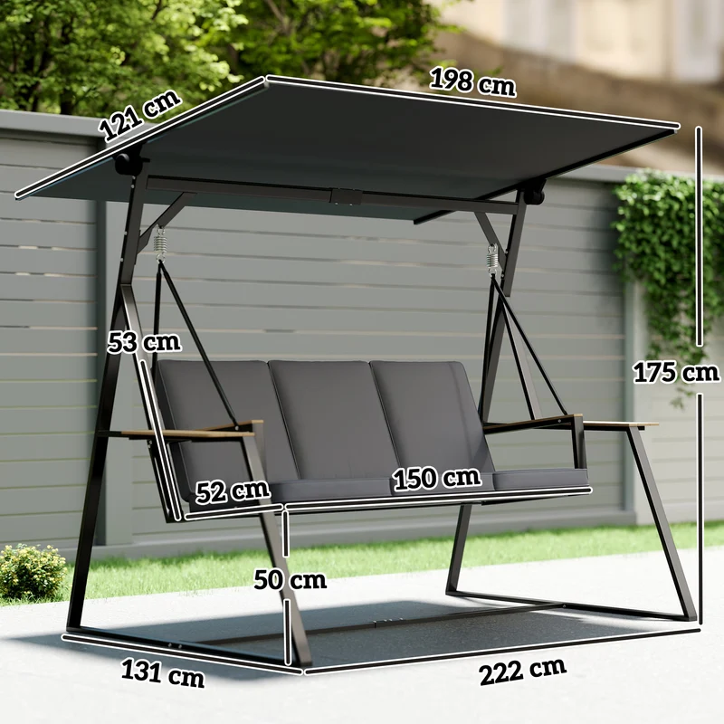 Outsunny Columpio De Jardín Exterior De 3 Plazas Con Techo Ajustable 2 Bandejas
