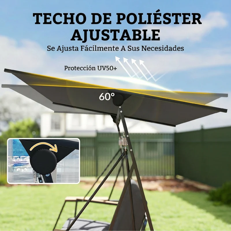 Outsunny Columpio De Jardín Exterior De 3 Plazas Con Techo Ajustable 2 Bandejas