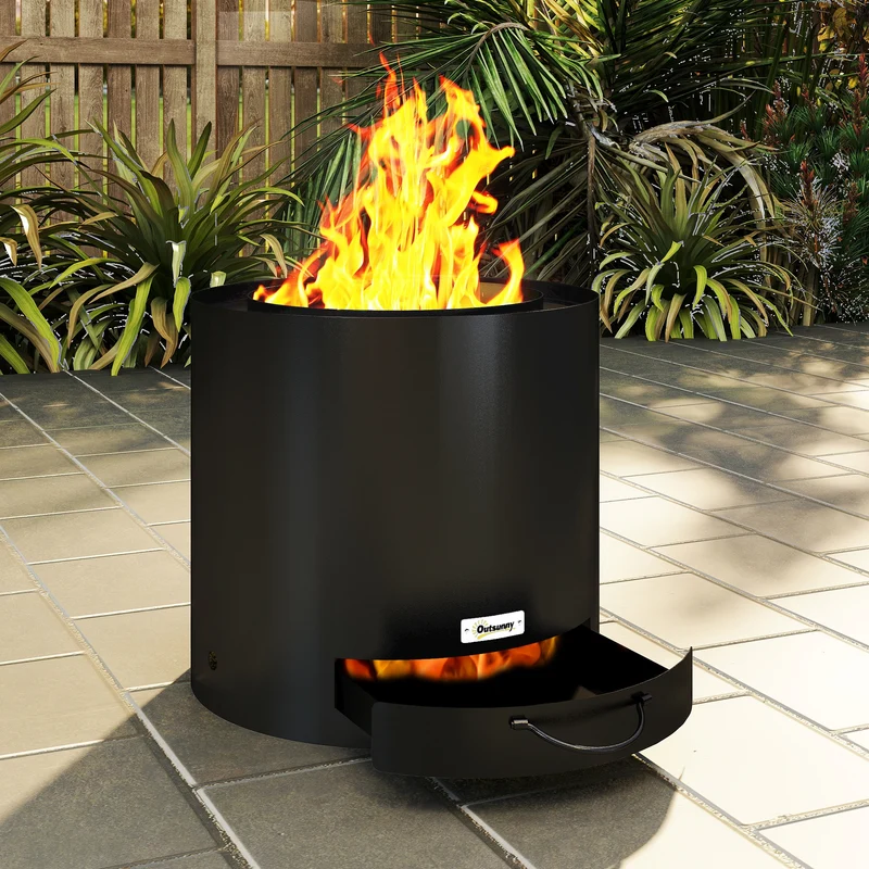 Outsunny Brasero Exterior Redondo Ø45x42 Cm De Acero Con Atizador Y Bandeja
