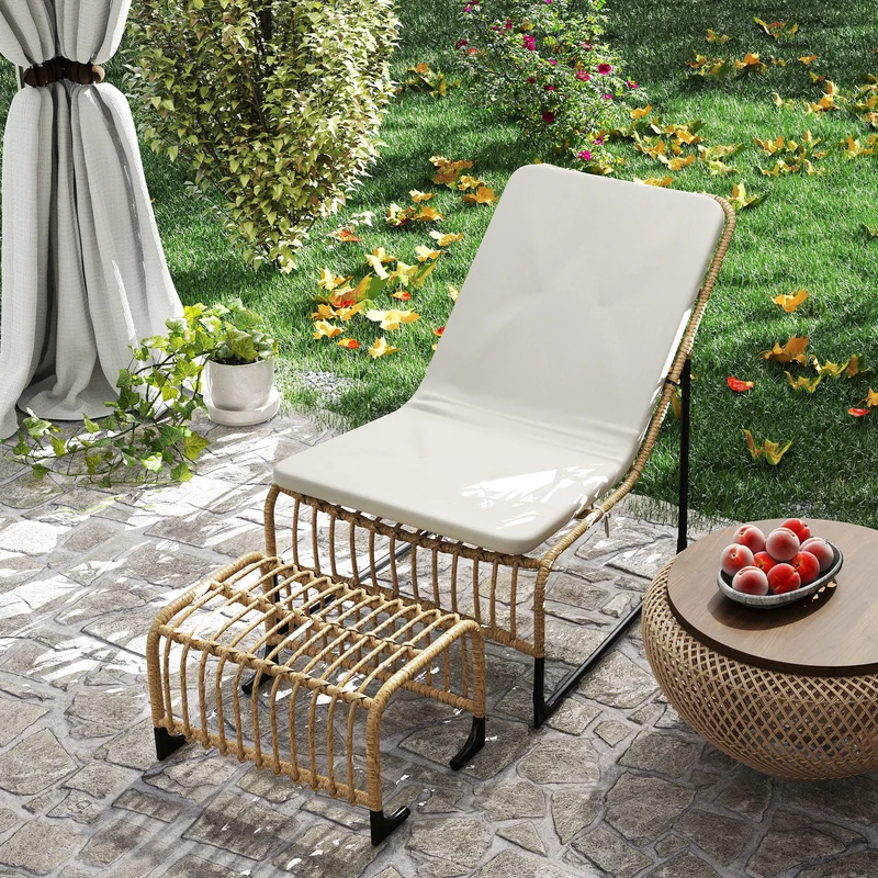 Outsunny Conjunto De Sillón De Jardín Con Reposapiés De Ratán Sintético Beige