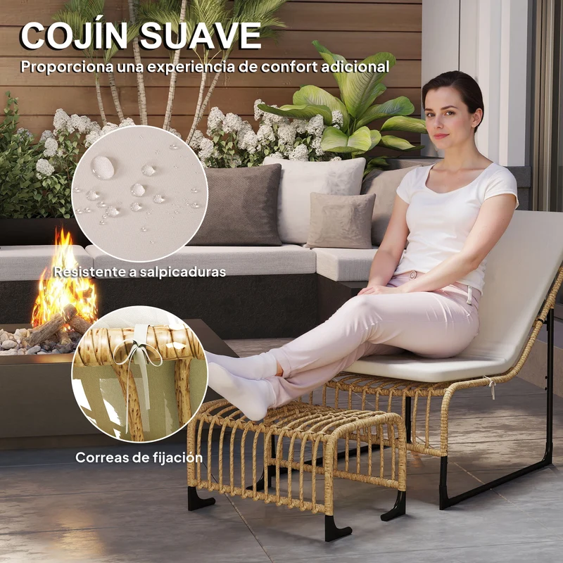 Outsunny Conjunto De Sillón De Jardín Con Reposapiés De Ratán Sintético Beige