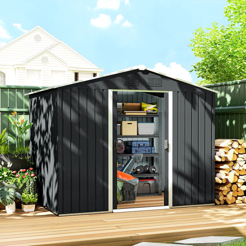 Outsunny Caseta De Jardín 3,6m² 236x174x190 Cm Con Puertas Correderas 4 Ventanas
