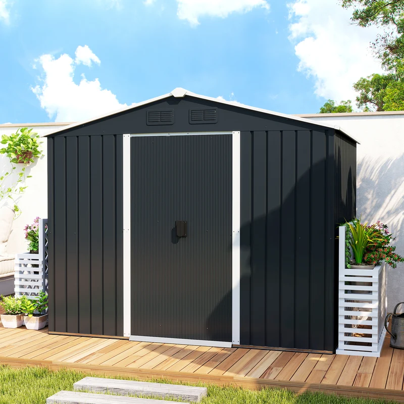 Outsunny Caseta De Jardín 3,6m² 236x174x190 Cm Con Puertas Correderas 4 Ventanas