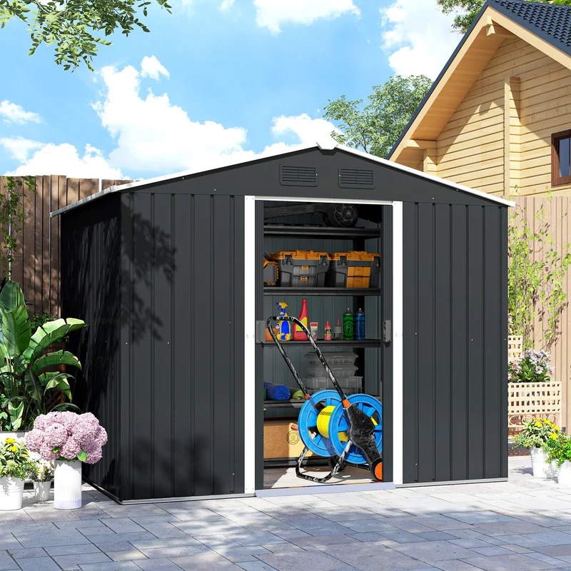 Outsunny Caseta De Jardín 3,6m² 236x174x190 Cm Con Puertas Correderas 4 Ventanas