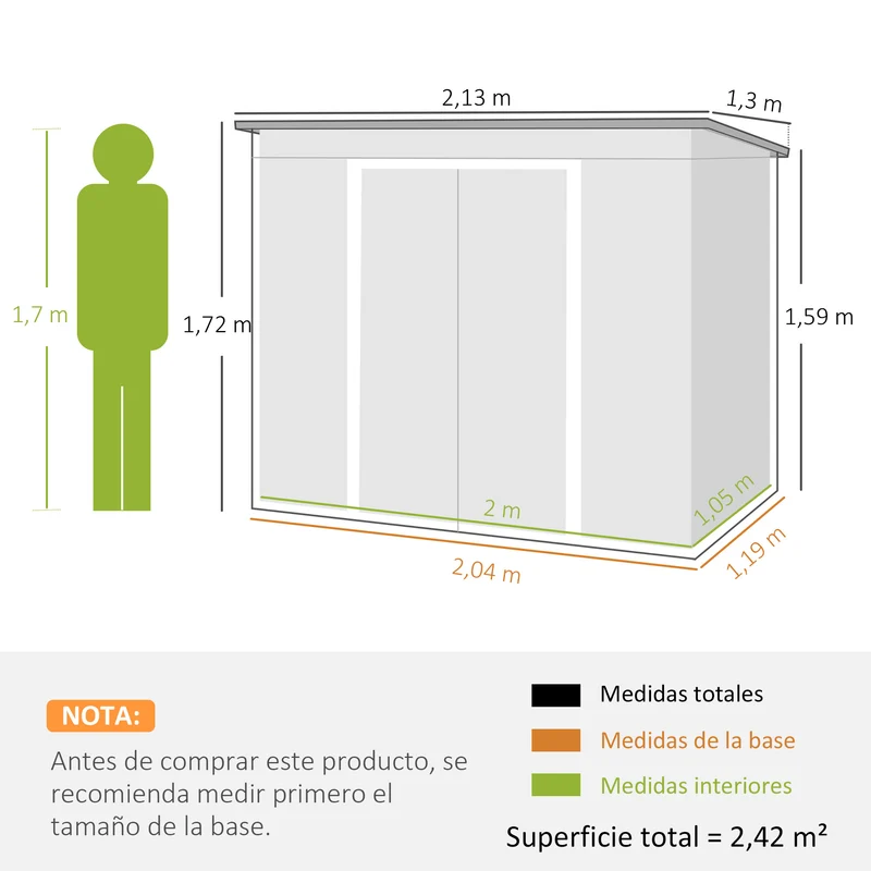 Outsunny Cobertizo De Jardín 213x130x172 Cm Base 2,42m² Con 2 Puertas Correderas