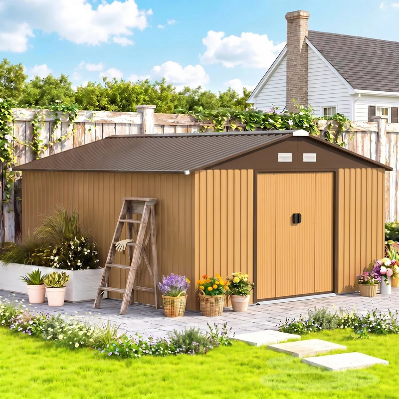 Outsunny Cobertizo Jardín 13,1 M² Para Almacenamiento De Herramientas Ocre
