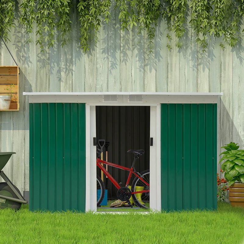 Outsunny Cobertizo De Jardín 280x130x172 Cm Base De 3,2 M² Con 2 Puertas Verde