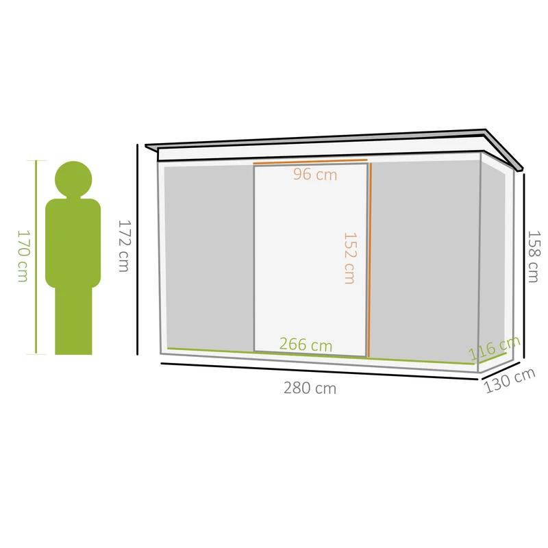 Outsunny Cobertizo De Jardín 280x130x172 Cm Base De 3,2 M² Con 2 Puertas Verde