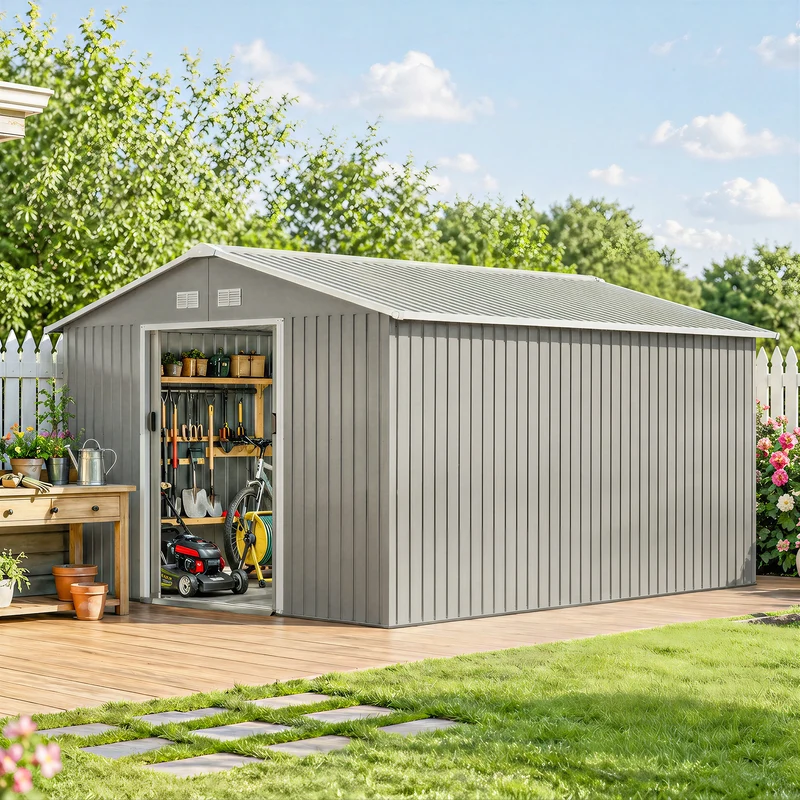 Outsunny Caseta De Jardín De Exterior 12,4 M² 340x386x200 Cm Gris Claro