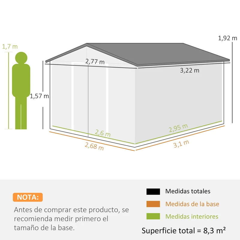 Outsunny Caseta De Jardín De Exterior 8,3 M² 277x322x192 Cm Gris