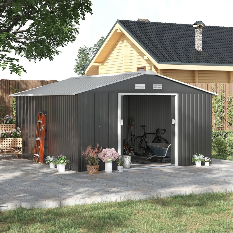 Outsunny Caseta De Jardín De Exterior 12,4 M² 340x386x200 Cm Gris Oscuro