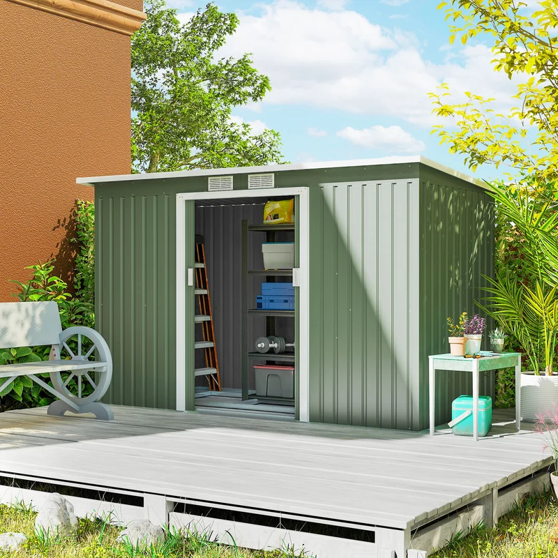 Outsunny Cobertizo De Jardín 280x130x172 Cm Base De 3,2 M² Con 2 Puertas Verde