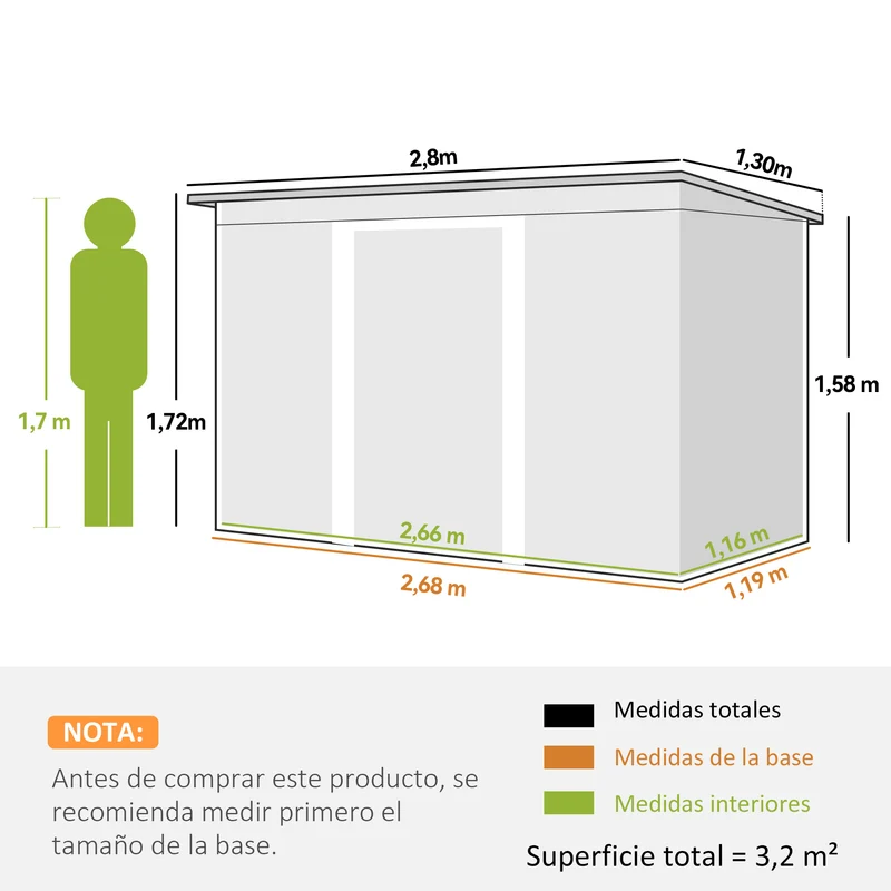 Outsunny Cobertizo De Jardín 280x130x172 Cm Base De 3,2 M² Con 2 Puertas Verde