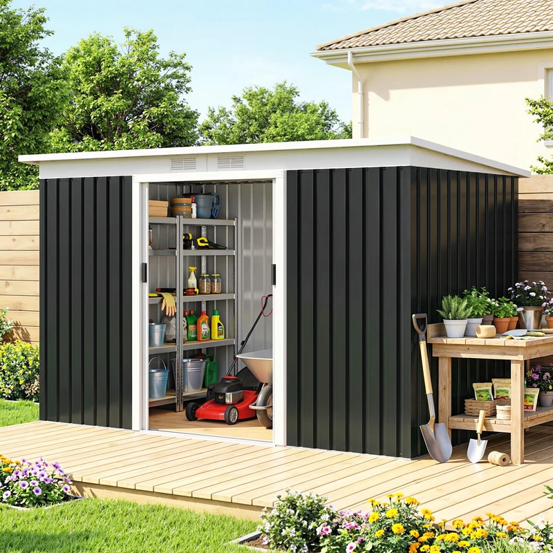 Outsunny Cobertizo De Jardín 280x130x172 Cm Base De 3,2 M² Con 2 Puertas Gris