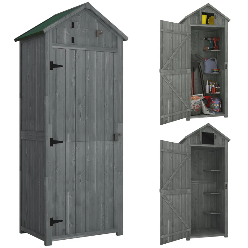 Outsunny Armario De Jardín De Madera Con 3 Estantes 0,3 M² 77x54,2x179cm Gris