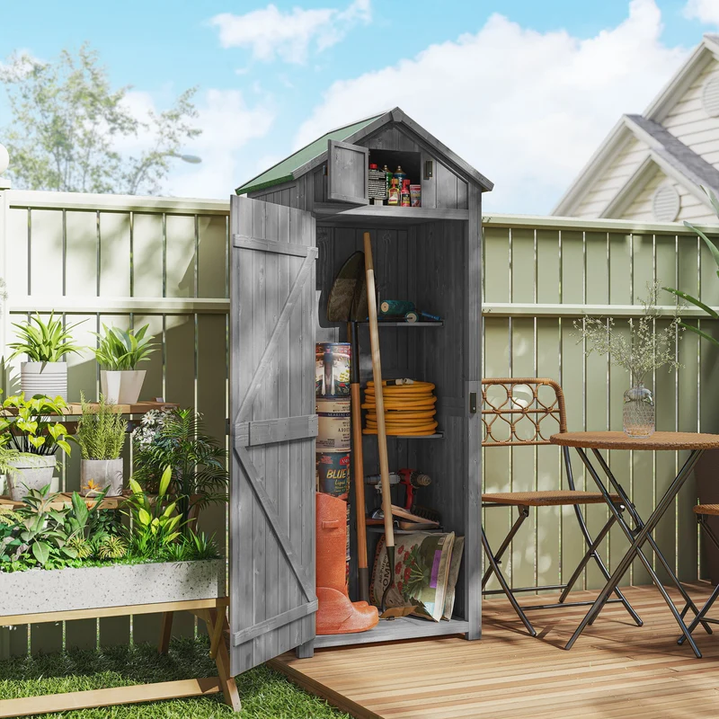 Outsunny Armario De Jardín De Madera Con 3 Estantes 0,3 M² 77x54,2x179cm Gris