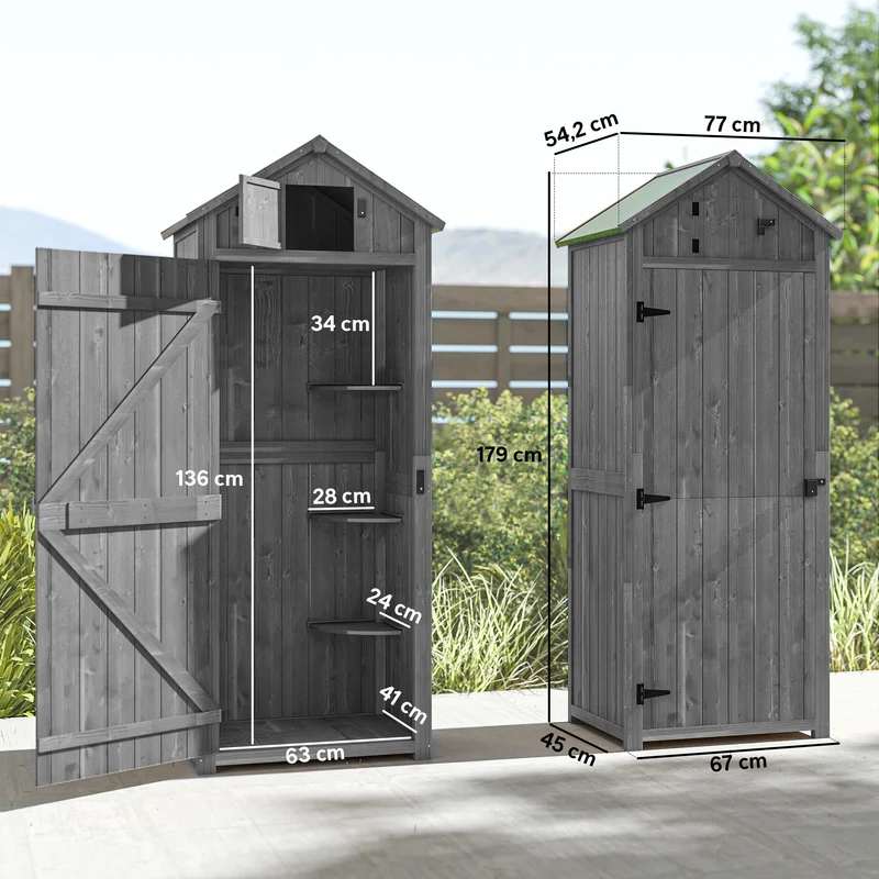 Outsunny Armario De Jardín De Madera Con 3 Estantes 0,3 M² 77x54,2x179cm Gris
