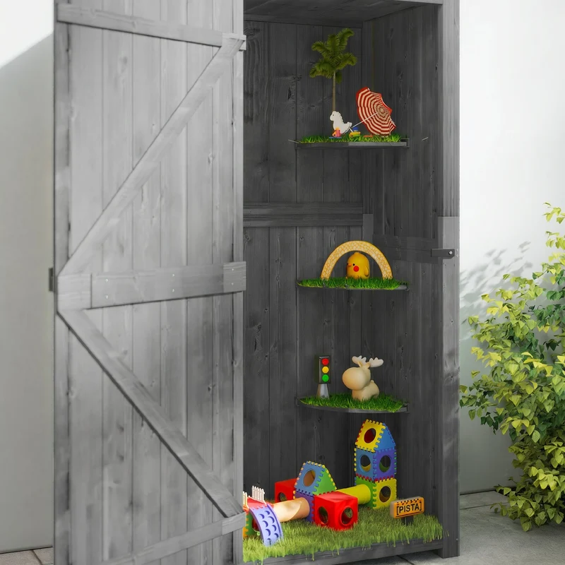 Outsunny Armario De Jardín De Madera Con 3 Estantes 0,3 M² 77x54,2x179cm Gris
