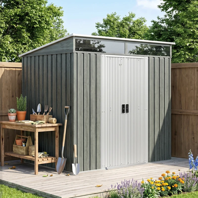 Outsunny Caseta De Jardín 2 M² 195x122x181,5 Cm Con Puerta Corredera Gris Claro