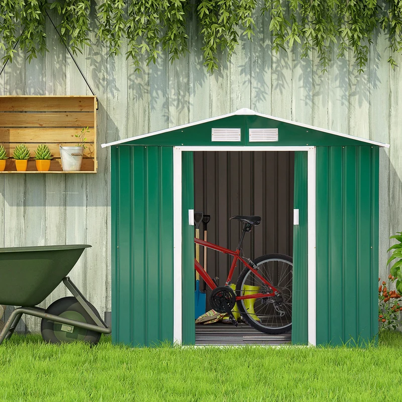 Outsunny Caseta De Jardín 213x130x185 Cm Con 2 Puertas Correderas Y 4 Ventanas