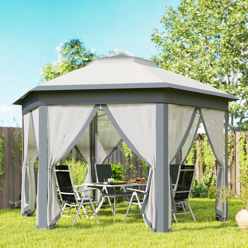 Outsunny Carpa Plegable 4x3,4 M Con Doble Techo 6 Mosquiteras Anti-uv Gris