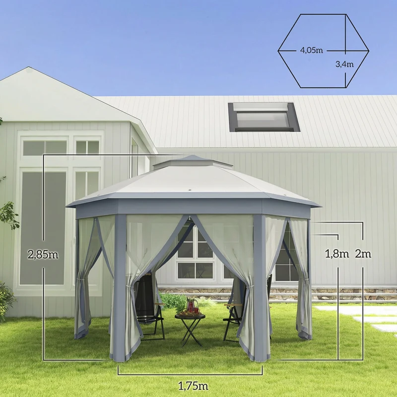 Outsunny Carpa Plegable 4x3,4 M Con Doble Techo 6 Mosquiteras Anti-uv Gris