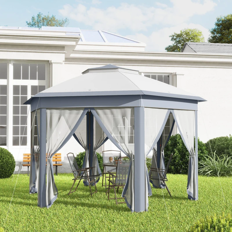 Outsunny Carpa Plegable 4x3,4 M Con Doble Techo 6 Mosquiteras Anti-uv Gris