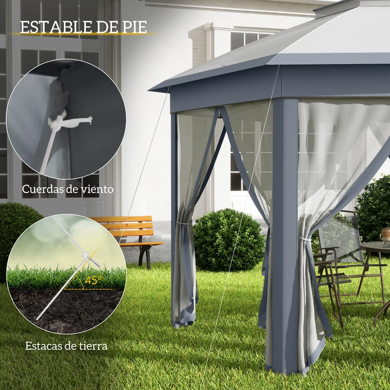 Outsunny Carpa Plegable 4x3,4 M Con Doble Techo 6 Mosquiteras Anti-uv Gris